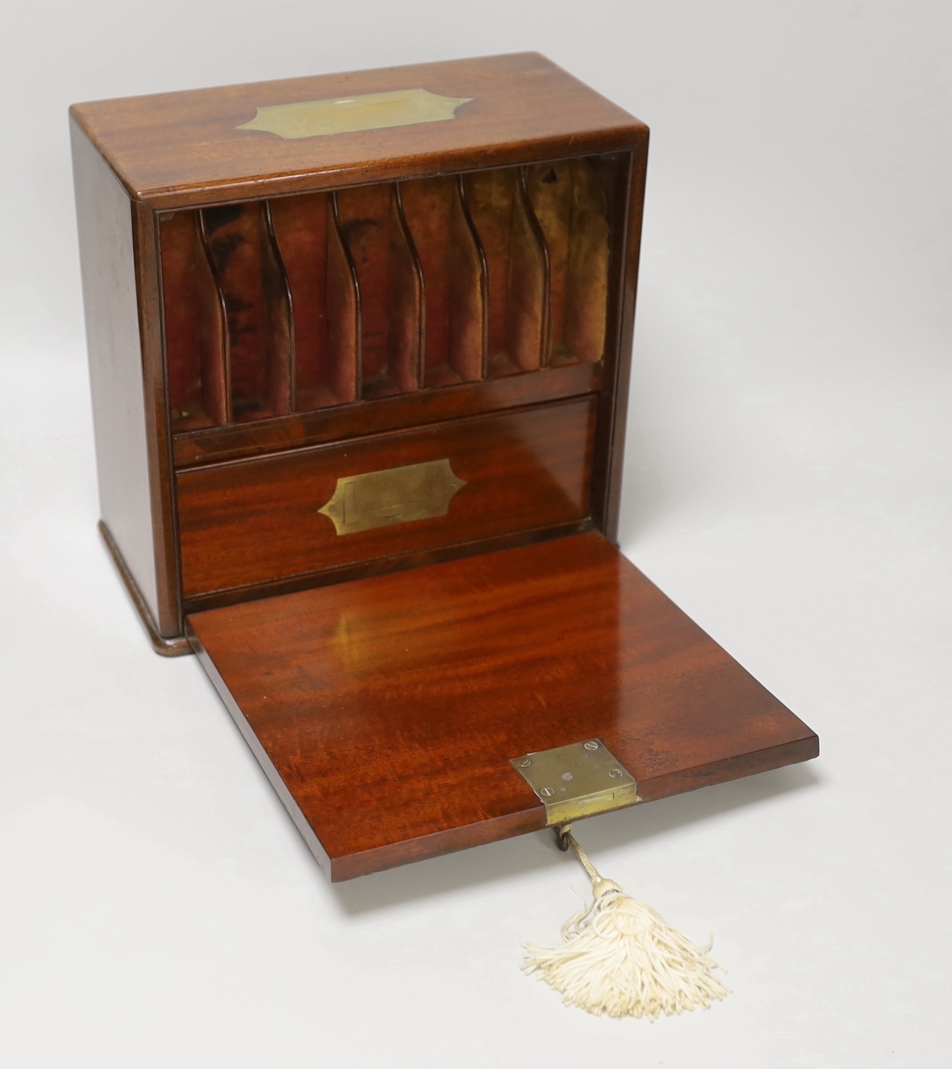 A 19th century mahogany and brass mounted double sided apothecary box, 23cm tall